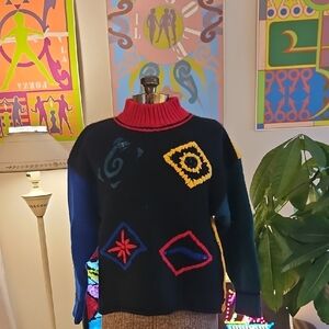 Vintage 1980s Esprit Sport Wool Sweater Color Block Memphis Style Mock Neck Sz M